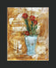 Mixed media collage titled Blue Moon by Sara Palacios. The piece shows red flowers with green stems arranged in a soft blue vase, set against a golden-brown textured background with layered, torn paper elements that create depth and warmth.