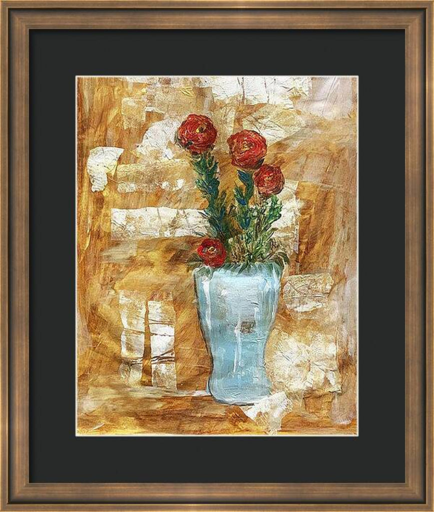 Mixed media collage titled Blue Moon by Sara Palacios. The piece shows red flowers with green stems arranged in a soft blue vase, set against a golden-brown textured background with layered, torn paper elements that create depth and warmth.