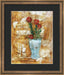 Mixed media collage titled Blue Moon by Sara Palacios. The piece shows red flowers with green stems arranged in a soft blue vase, set against a golden-brown textured background with layered, torn paper elements that create depth and warmth.