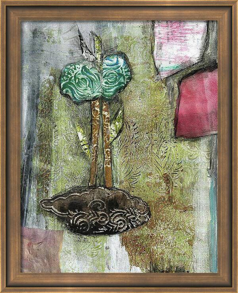 Mixed media collage titled Hay Moon by Sara Palacios. The piece features a stylized green flower with rose-like patterns, two tall stems, and layered leaves growing from a textured brown base. Surrounded by an abstract background of green, gray, and pink tones, the artwork blends organic and ornamental elements for a dreamy, earthy composition.
