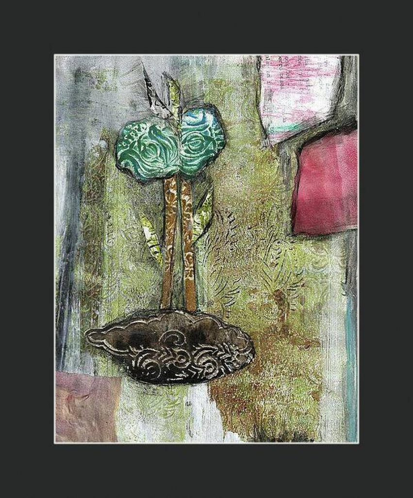 Mixed media collage titled Hay Moon by Sara Palacios. The piece features a stylized green flower with rose-like patterns, two tall stems, and layered leaves growing from a textured brown base. Surrounded by an abstract background of green, gray, and pink tones, the artwork blends organic and ornamental elements for a dreamy, earthy composition.