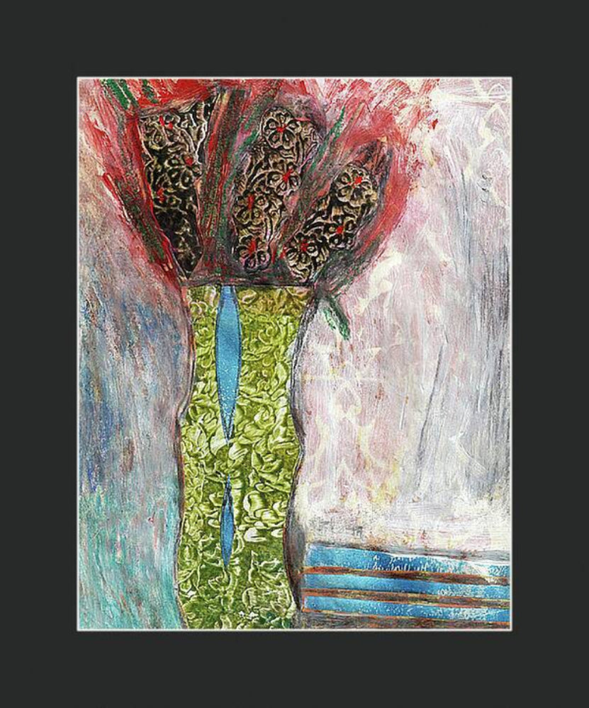 Mixed media collage titled Ice Moon by Sara Palacios. The piece showcases a tall green vase with blue accents holding dark, richly patterned blooms, surrounded by textured strokes in cool blues and soft pinks. The layered background and dramatic color contrast evoke a wintery, elegant mood.