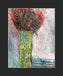 Mixed media collage titled Ice Moon by Sara Palacios. The piece showcases a tall green vase with blue accents holding dark, richly patterned blooms, surrounded by textured strokes in cool blues and soft pinks. The layered background and dramatic color contrast evoke a wintery, elegant mood.