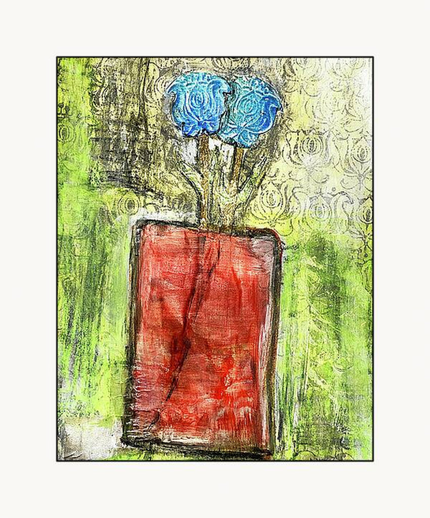 Mixed media collage titled Amber Moon by Sara Palacios. The artwork presents a lively floral arrangement in warm amber, red, and green hues, layered with expressive textures and brushwork, set against a softly patterned backdrop.