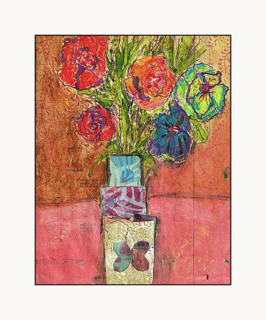 Mixed media collage titled Blood Moon by Sara Palacios. This vibrant piece features a colorful bouquet of flowers in red, orange, and green, placed in a geometric vase with bold patterns, set against a textured red and ochre background.