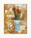Mixed media collage titled Blue Moon by Sara Palacios. The piece shows red flowers with green stems arranged in a soft blue vase, set against a golden-brown textured background with layered, torn paper elements that create depth and warmth.