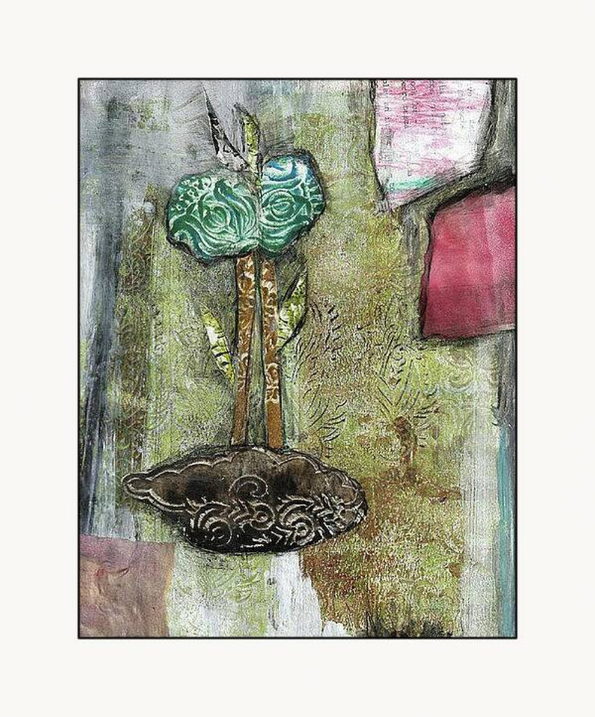 Mixed media collage titled Hay Moon by Sara Palacios. The piece features a stylized green flower with rose-like patterns, two tall stems, and layered leaves growing from a textured brown base. Surrounded by an abstract background of green, gray, and pink tones, the artwork blends organic and ornamental elements for a dreamy, earthy composition.