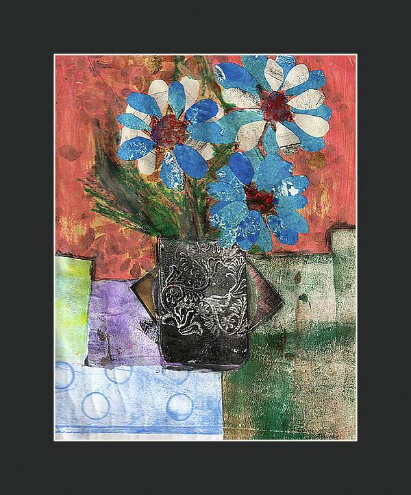 Mixed media collage titled Cold Moon from the Moon series by Sara Palacios. The artwork features vibrant blue and white flowers in a dark, textured vase set against a warm red background, with layered geometric shapes and fabric-like patterns beneath.