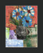 Mixed media collage titled Cold Moon from the Moon series by Sara Palacios. The artwork features vibrant blue and white flowers in a dark, textured vase set against a warm red background, with layered geometric shapes and fabric-like patterns beneath.