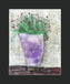 Mixed media collage titled Growing Moon by Sara Palacios. The piece features a tall lavender vase filled with fine green stems and small red buds, set against a softly textured, patterned background in pale gray and yellow tones.
