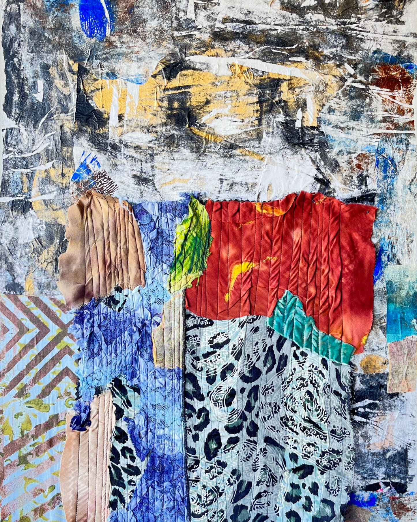 Abstract art piece with colorful patterns and textures