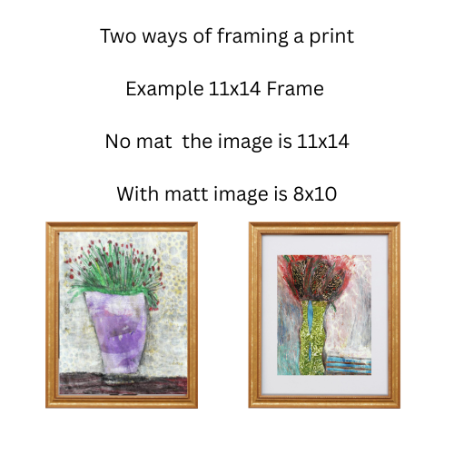 Two framed artworks with text explaining frame options and dimensions.