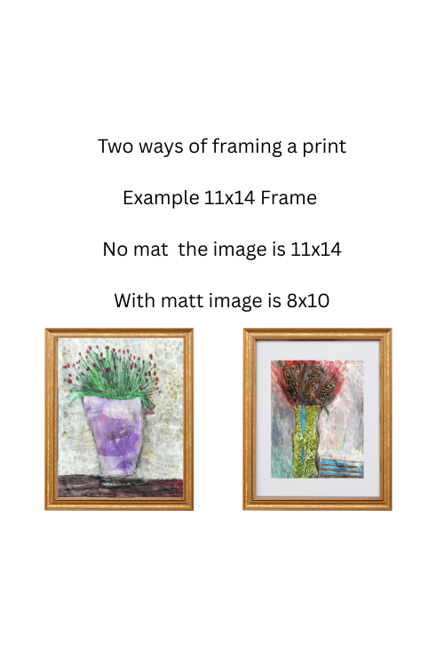 Two framed artworks with text explaining frame options on a white background