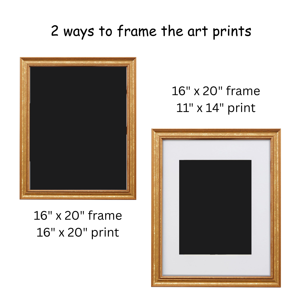 Two gold picture frames with dimensions indicated for art prints.