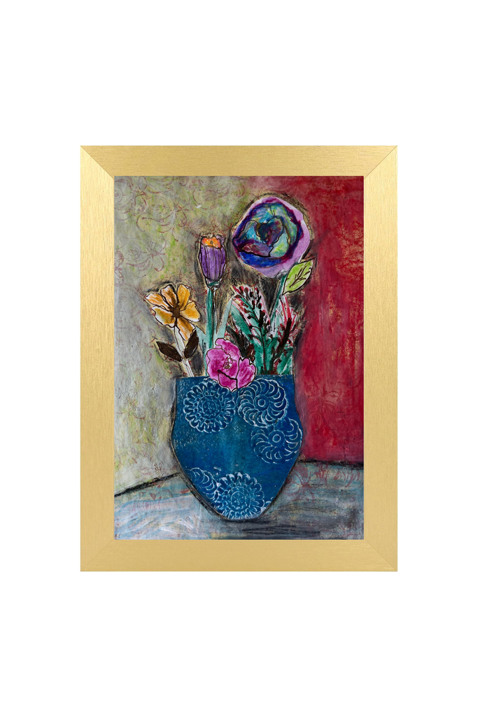 Framed artwork of a blue vase with flowers on a textured background