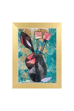 Abstract art piece with a gold frame on a textured blue background