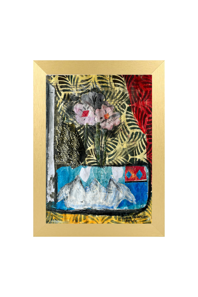 Framed abstract artwork with flowers and colorful patterns