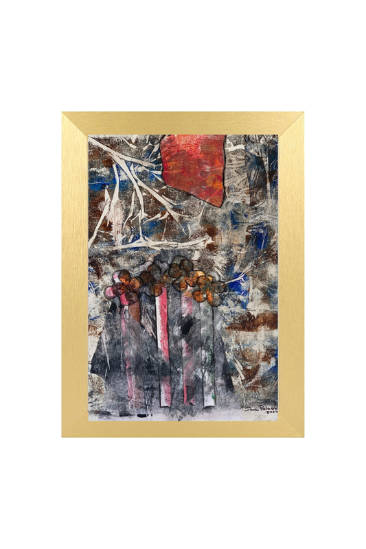 Abstract art piece in a gold frame on a white background