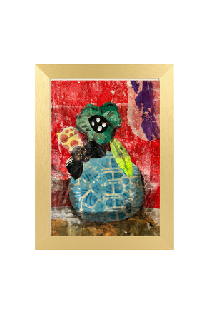 Framed artwork with a colorful abstract design featuring a blue vase and green flower.