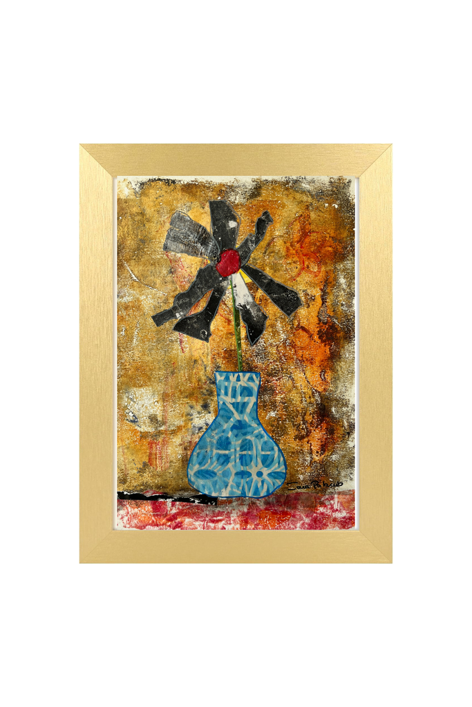 Artistic depiction of a blue vase with a black and red flower against a textured gold background.