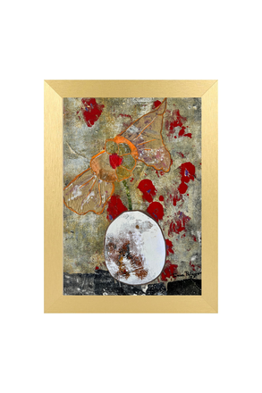 Framed artwork with abstract design featuring red flowers and a white oval shape on a textured background.