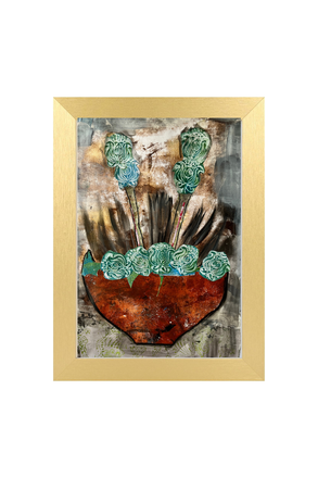 Framed artwork with abstract design featuring a heart and floral elements on a textured background.