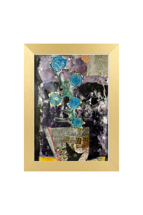 Framed abstract artwork with flowers and a vase on a white background