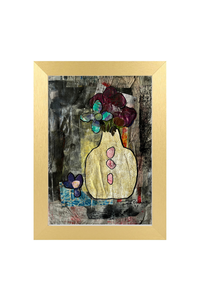 Framed abstract artwork with a vase and flowers on a textured background