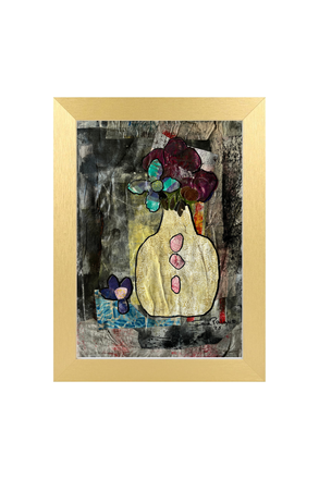 Framed abstract artwork with a vase and flowers on a textured background