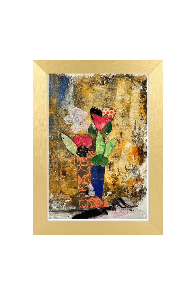 Abstract artwork with flowers in a vase on a textured background, framed in gold.