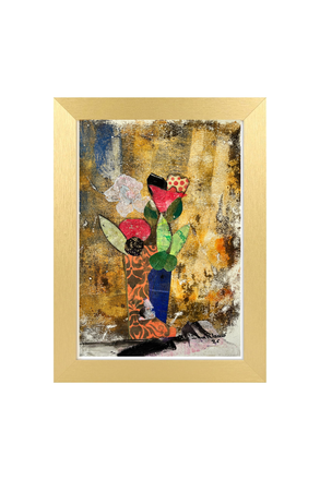 Abstract artwork with flowers in a vase on a textured background, framed in gold.