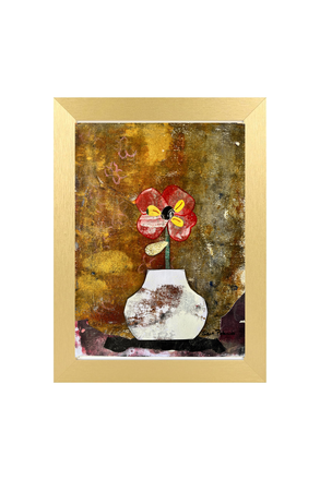 Artistic depiction of a flower in a vase on a textured background with a gold frame.