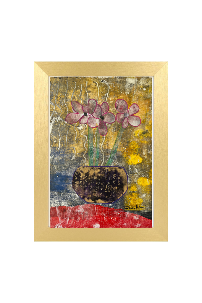 Framed abstract artwork with flowers on a textured background