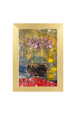 Framed abstract artwork with flowers on a textured background