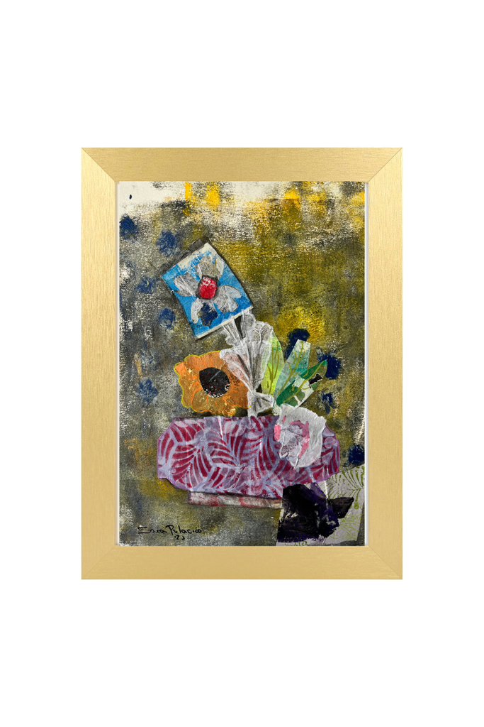 Framed artwork with colorful abstract design and text on a white background