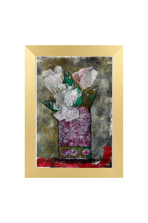 Artistic depiction of flowers in a vase with a gold frame