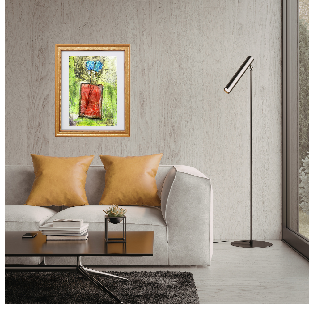 Floral Wall Fine Art Print. Modern living room with a gray sofa, yellow cushions, a floor lamp, and a wall painting.