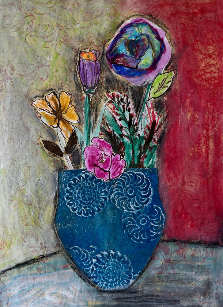 Artistic depiction of flowers in a blue vase with a colorful background