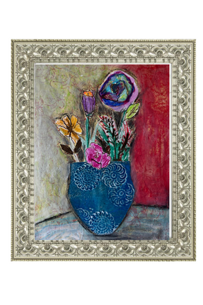 Framed artwork of a blue vase with flowers against a red background