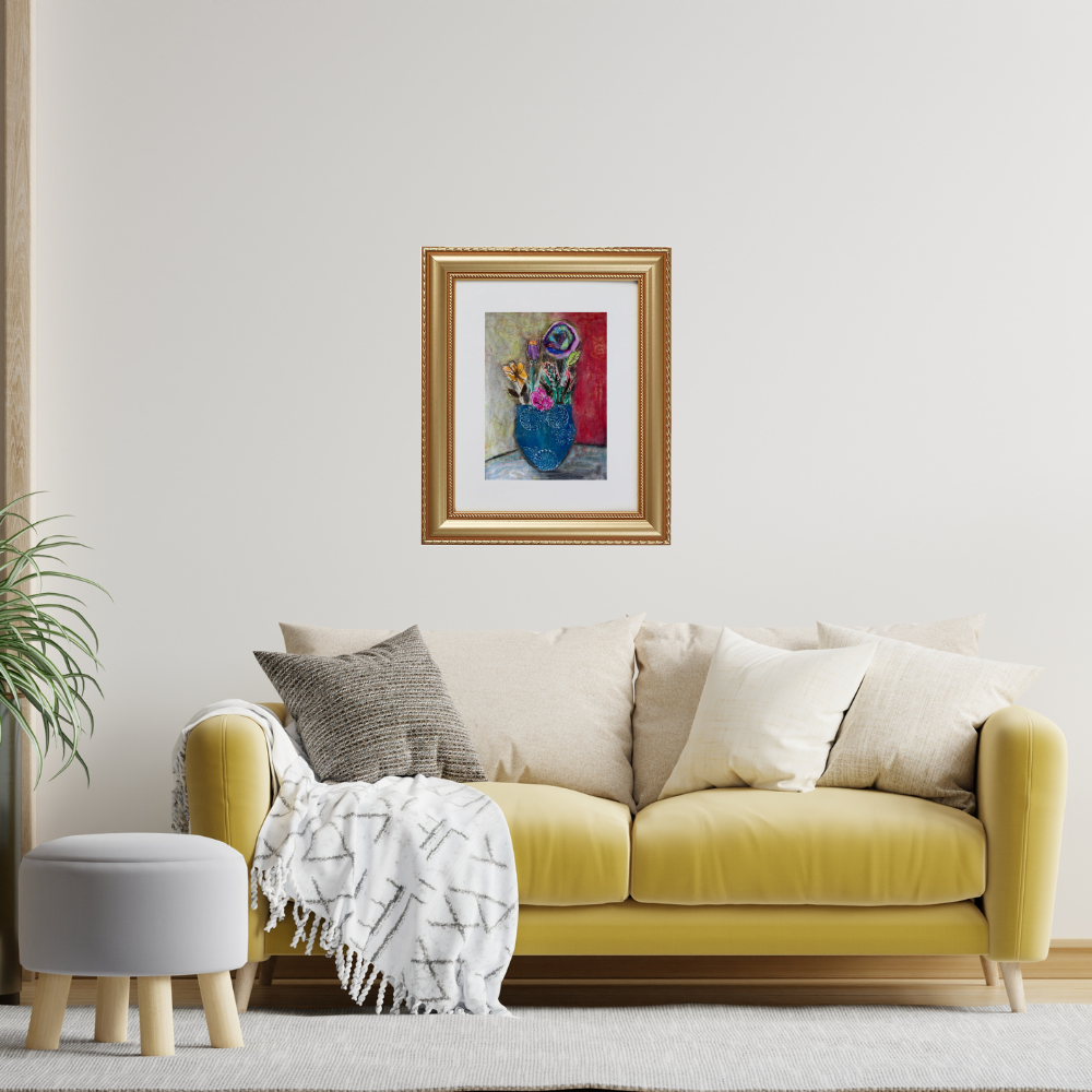 Floral Wall Fine Art Print. Yellow sofa with decorative pillows and a small table in a living room setting.