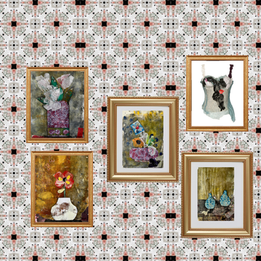 Collage of framed artworks on a patterned wall