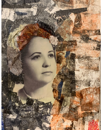 Collage of a woman's portrait with abstract, multicolored patterns