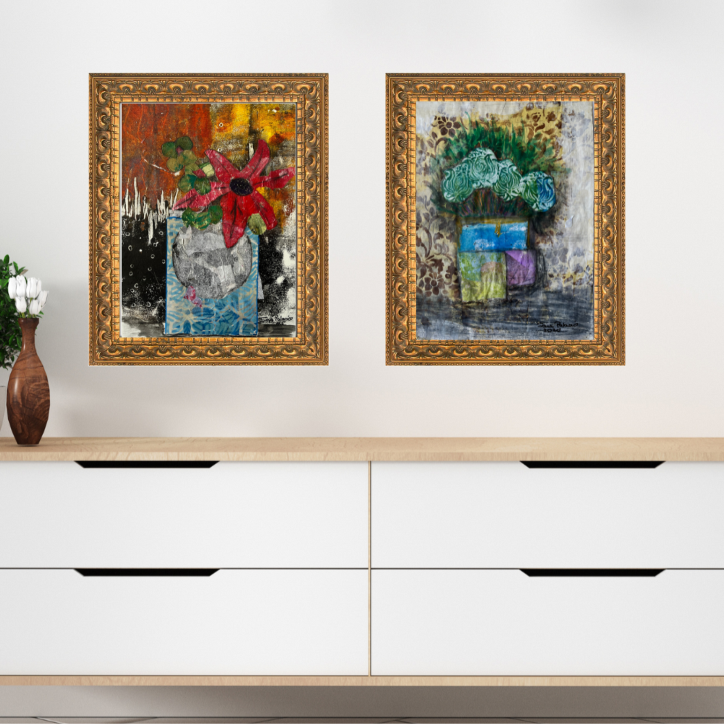 Floral Wall Fine Art Print. Two framed abstract artworks on a white wall above a wooden cabinet.
