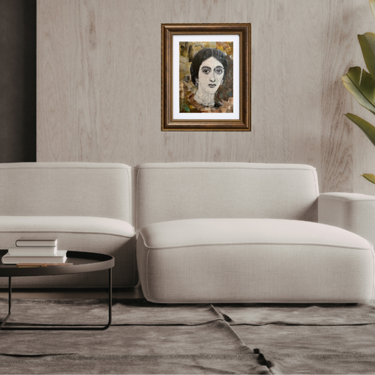 Colorful Portraits Fine Art Prints. Framed mosaic art above a beige sofa in a living room setting.