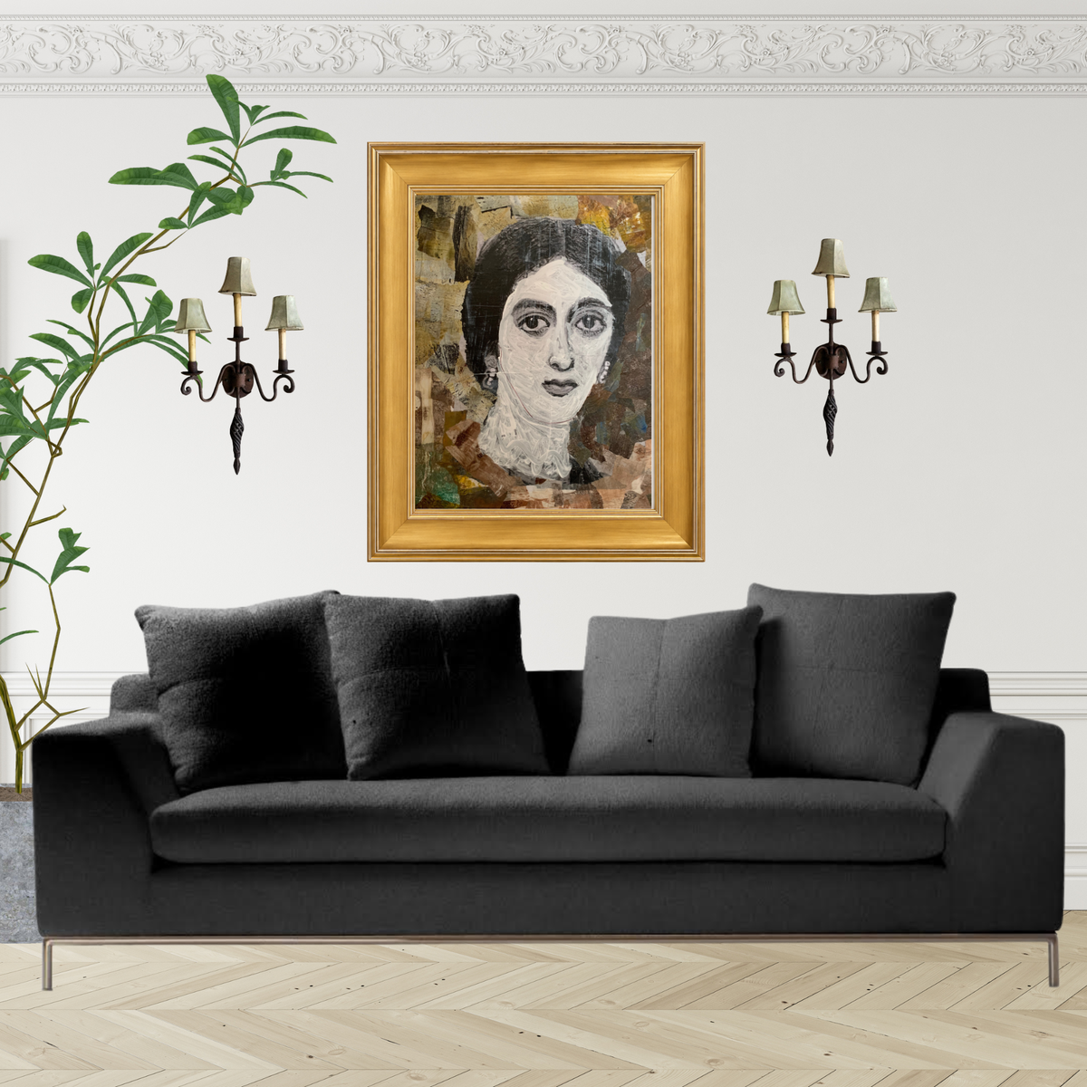 Astrid fine art print by contemporary artist Sara Palacios, featuring an elegant and expressive mixed-media portrait with exceptional narrative depth and detailed gallery textures. Framed in a gold frame.
