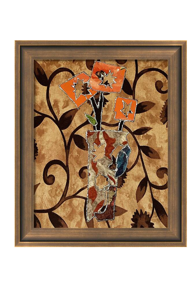 Framed mosaic artwork with floral design on a textured background