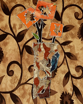 Decorative wall art with a vase and flowers on a textured beige background