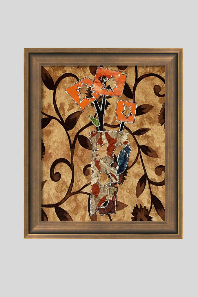 Framed artwork with abstract design of flowers and leaves on a beige background