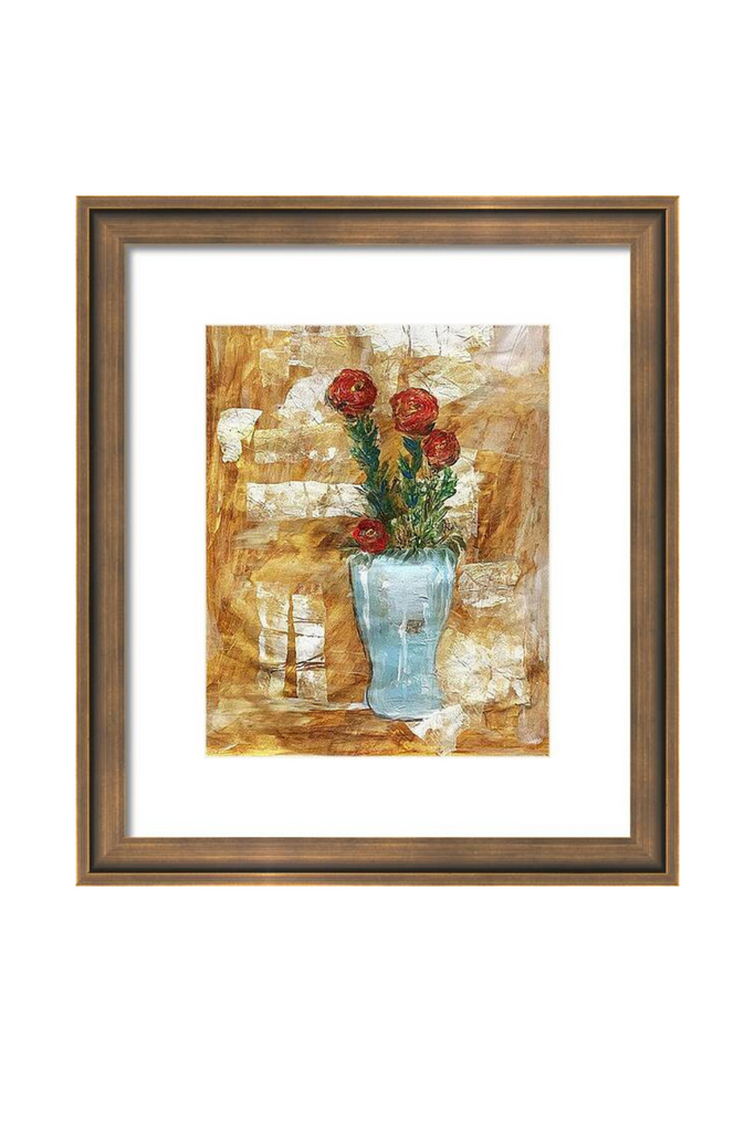 Framed abstract painting with a vase and flowers on a white background