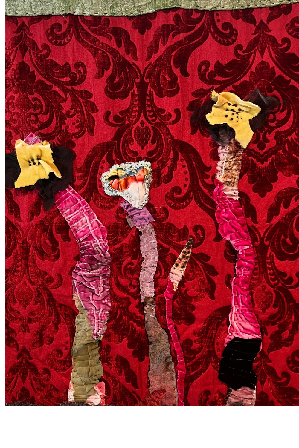 Artistic depiction of a figure against a red patterned background